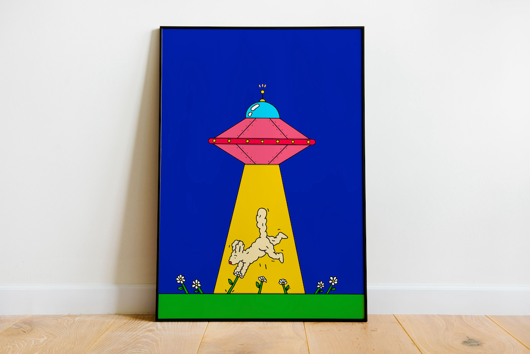 ingelijste poster met illustratie van een ufo