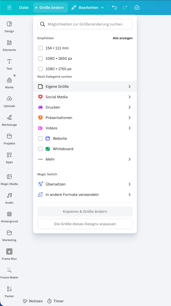 Format ändern in Canva Pro